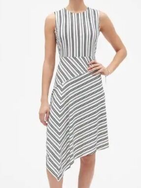 Banana Republic Navy and White Striped Asymmetrical Hem Dress